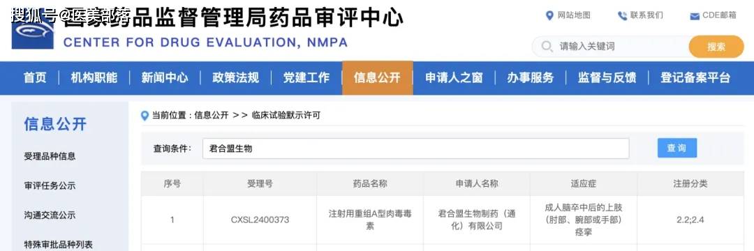 君合盟 | 旗下「重组A型」肉毒素「医疗适应症」完成首例受试者入组 