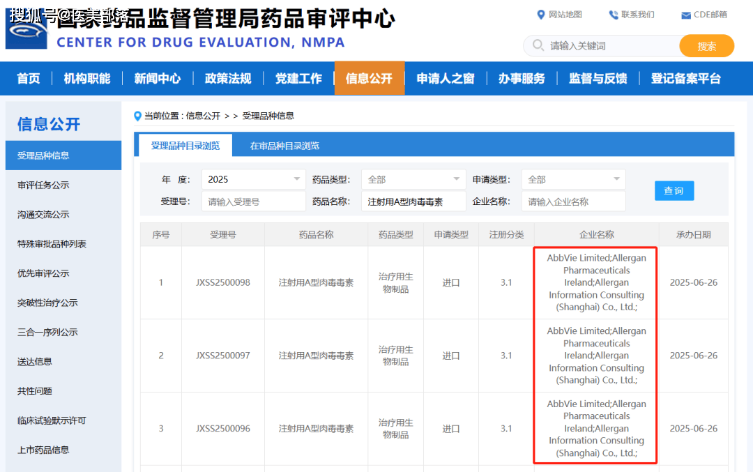 艾尔建美学 | 旗下「保妥适」肉毒素「额纹」适应症注册申请获受理 