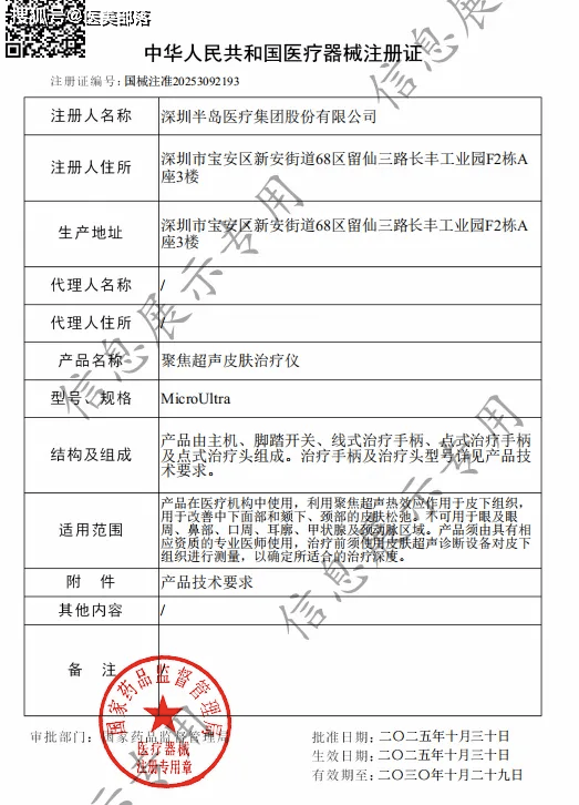 半岛医疗 | 国产首个「械三」聚焦超声皮肤治疗仪「大超炮」获批上市
